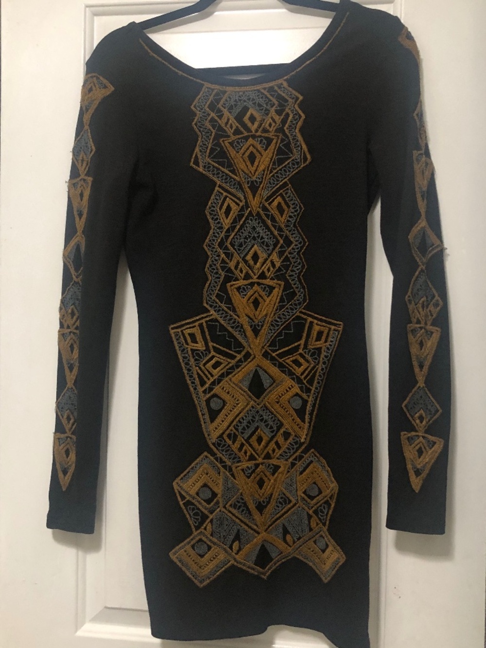 Free People Art Deco geometric Aztec embroidered bodycon long sleeve mini dres S - Picture 4 of 9